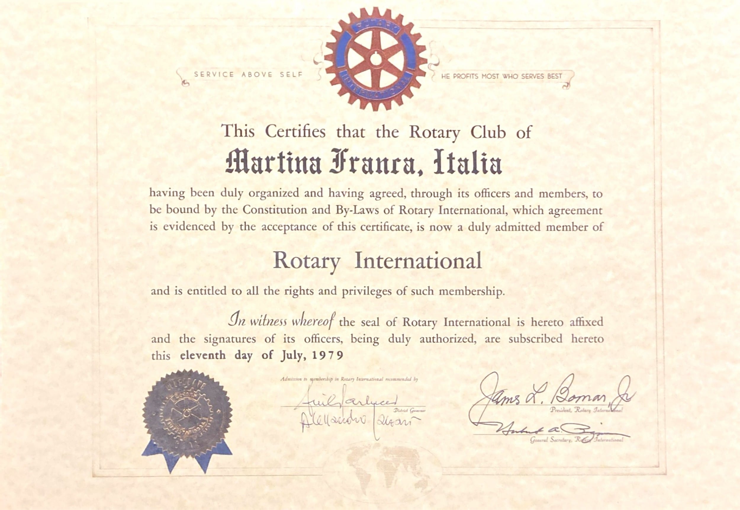 1979 – Certificato Affiliazione Rotary International – Rotary Club Martina Franca