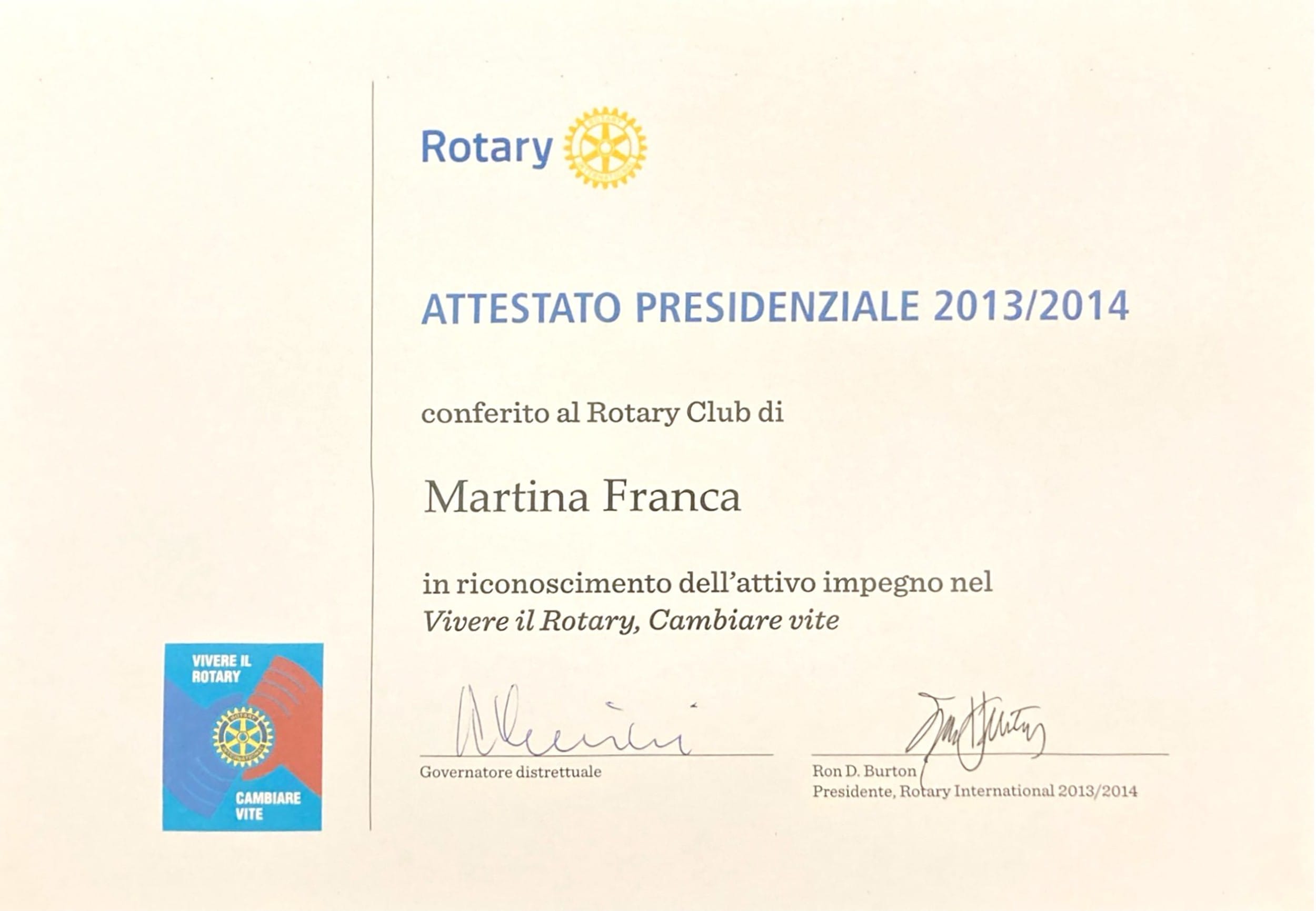 2013-14 – Attestato Pressidenziale – Rotary Club Martina Franca