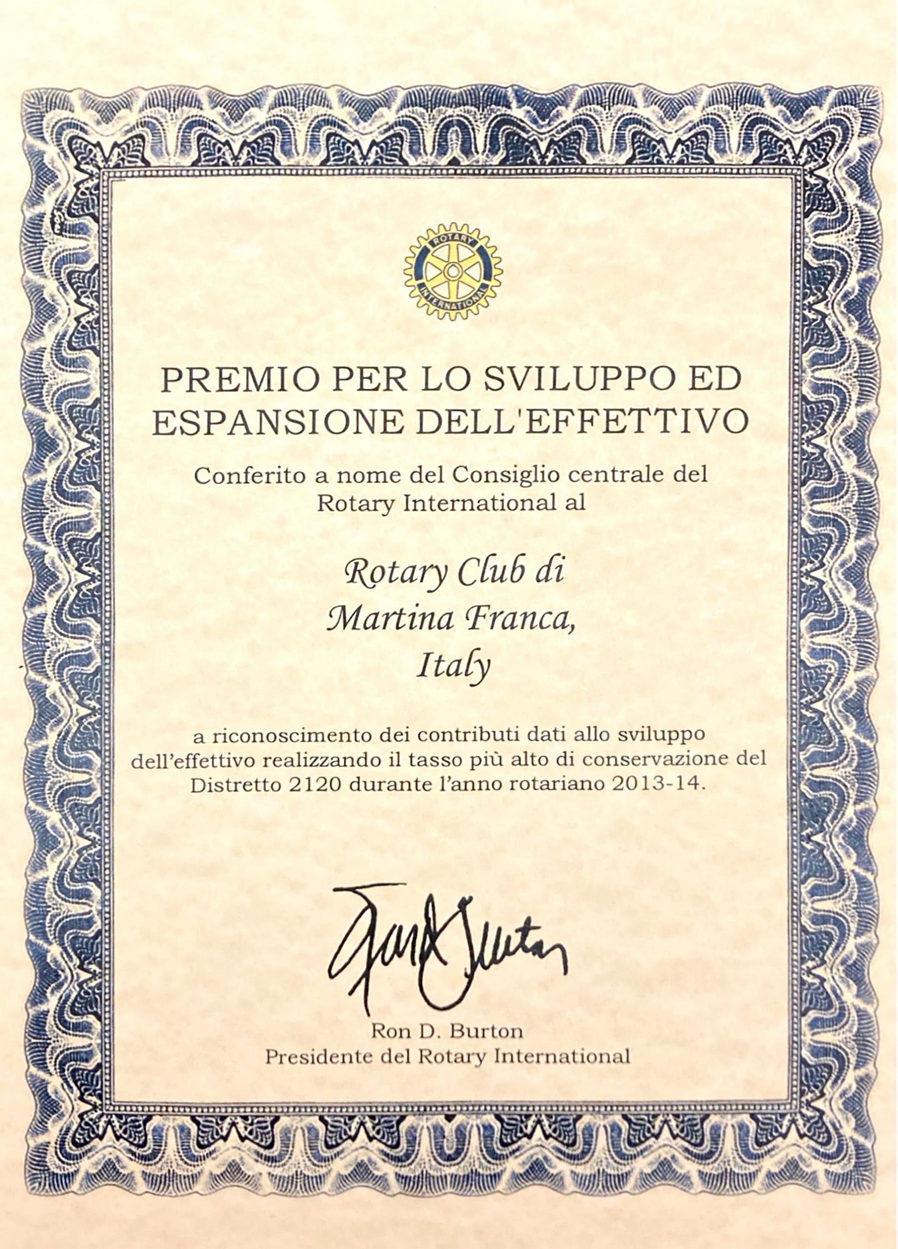 2013-14 – Premio Sviluppo Effettivo – Rotary Club Martina Franca