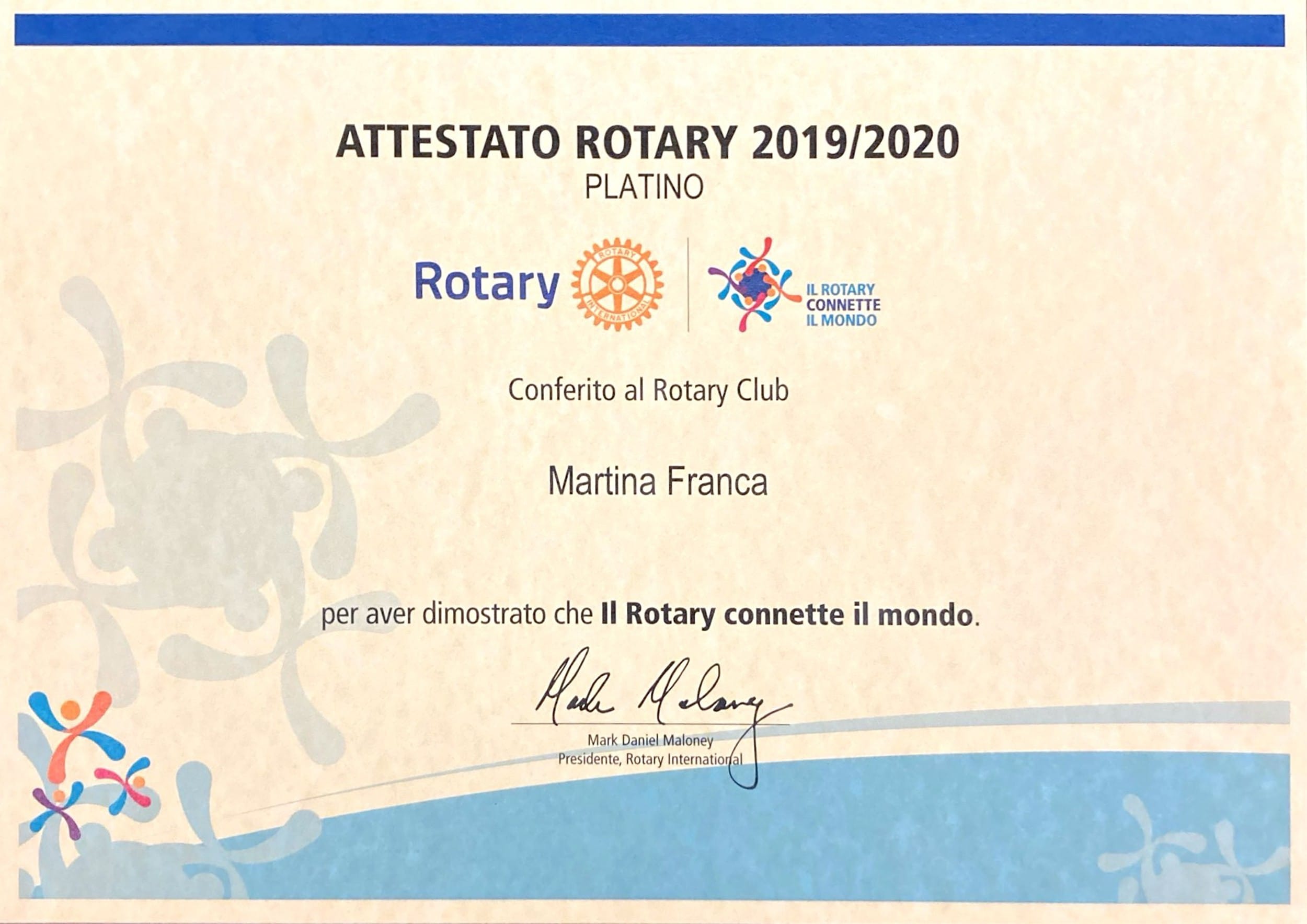 2019-20 – Attestato Rotary Platino – Rotary connette il mondo – Rotary Club Martina Franca