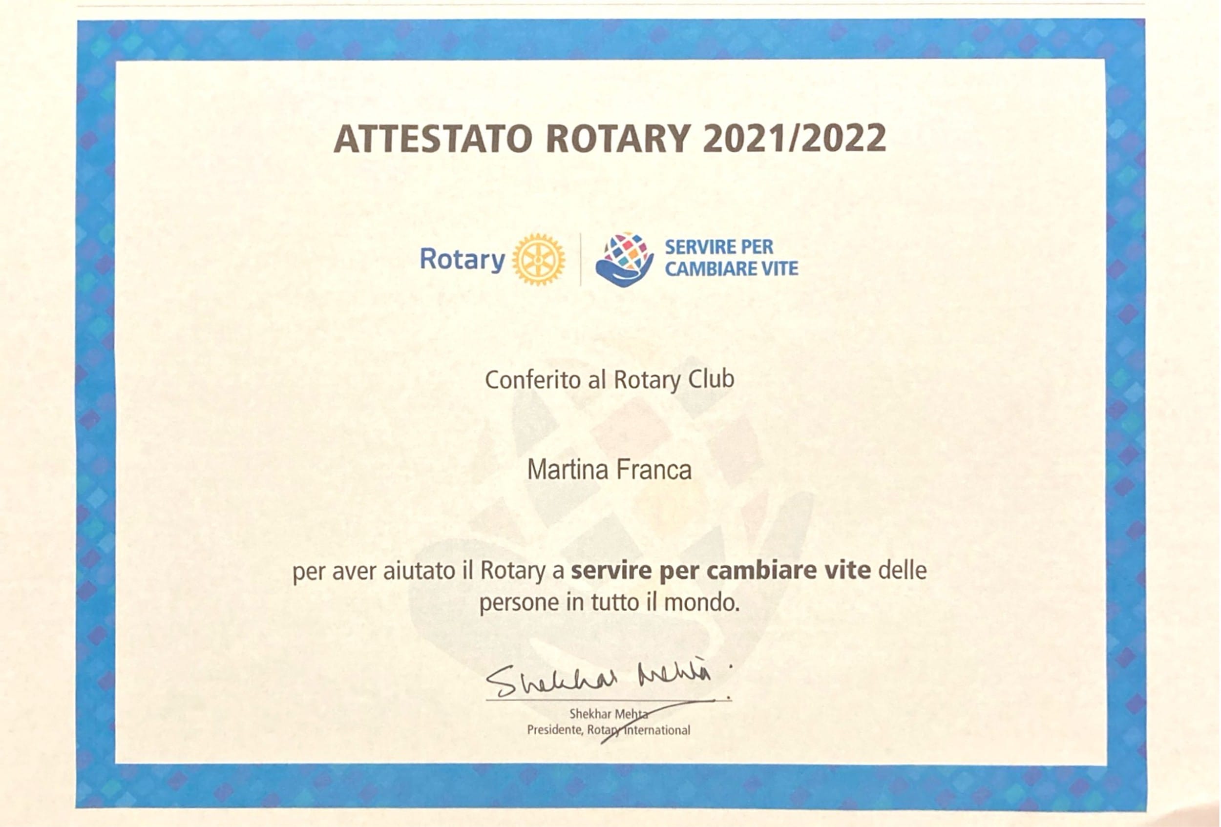 2021-22 – Attestato servire per cambiare vite nel mondo – Rotary Club Martina Franca